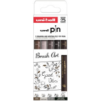 Uni-ball Uni Pin Brush Art Pack de 5 Rotuladores Calibrados Brush y Brush Extra Fino - Punta Poliacetal - Tinta Pigmentada Resistente al Agua y a la Luz - Colores Negro