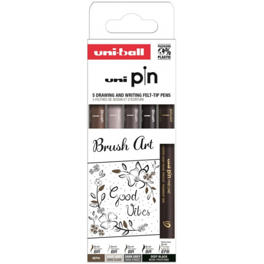 Uni-ball Uni Pin Brush Art Pack de 5 Rotuladores Calibrados Brush y Brush Extra Fino - Punta Poliacetal - Tinta Pigmentada Resistente al Agua y a la Luz - Colores Negro