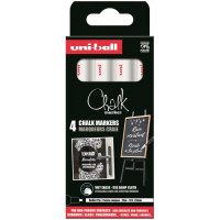 Uni-ball Chalk PWE-5M Pack de 4 Marcadores de Tiza Liquida - Punta Conica 1.8-2.5mm - Borrado en Humedo - Resistente a la Lluvia y Exteriores - Color Blanco