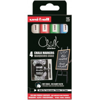 Uni-ball Chalk PWE-5M Pack de 4 Marcadores de Tiza Liquida - Punta Conica 1.8-2.5mm - Borrado en Humedo - Resistente a la Lluvia y Exteriores - Colores Blanco