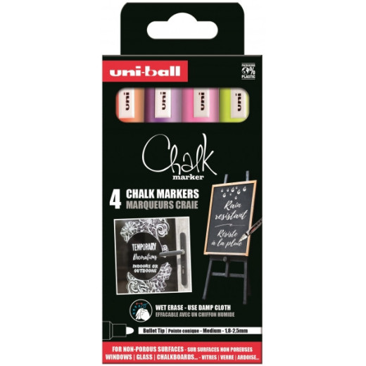 Uni-ball Chalk PWE-5M Pack de 4 Marcadores de Tiza Liquida - Punta Conica 1.8-2.5mm - Borrado en Humedo - Resistente a la Lluvia - Ideal para Pizarras y Vidrio - Colores Violeta