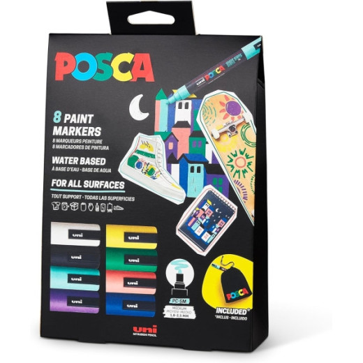 Posca Edicion Limitada Pack de 8 Marcadores de Pintura PC5M + Regalo Bolsa de Tela - Punta Redondeada 1.8-2.5mm - Tinta Base al Agua - Colores Surtidos