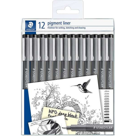Staedtler Pigment Liner 308 Pack de 12 Rotuladores Calibrados - Tamaños de Puntas Surtidos - Color Negro