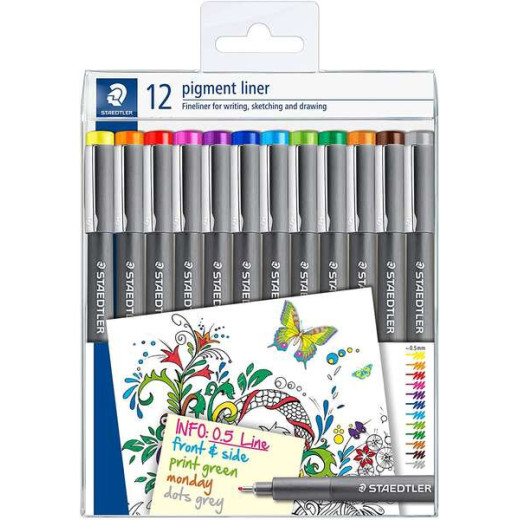 Staedtler Pigment Liner 308 Pack de 12 Rotuladores Calibrados - Trazo 0.5mm - Secado Rapido - Colores Surtidos