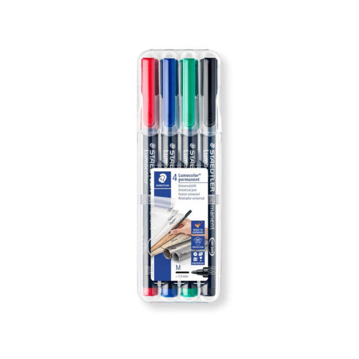 Staedtler Lumocolor 317 Pack de 4 Rotuladores Permanentes - Punta Media Redonda - Trazo 1mm Aprox - Capuchon con Clip - Secado Rapido - Colores Surtidos