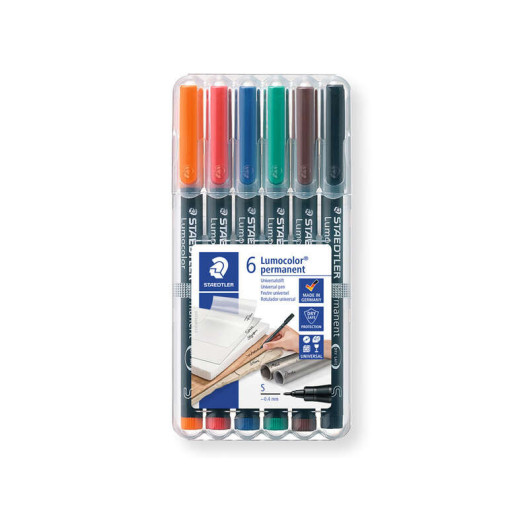 Staedtler Lumocolor 317 Pack de 6 Rotuladores Permanentes - Punta Media Redonda - Trazo 1mm Aprox - Capuchon con Clip - Secado Rapido - Colores Surtidos
