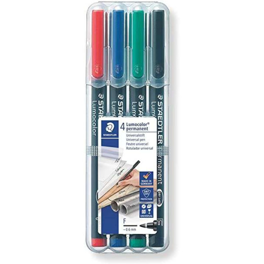 Staedtler Lumocolor 318 Pack de 4 Rotuladores Permanentes - Punta Fina Redonda - Trazo 0.6mm - Capuchon con Clip - Secado Rapido - Colores Surtidos