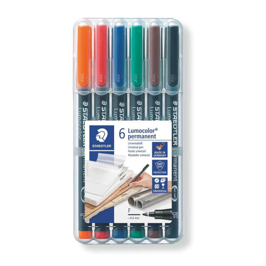 Staedtler Lumocolor 318 Pack de 6 Rotuladores Permanentes - Punta Fina Redonda - Trazo 0.6mm - Capuchon con Clip - Secado Rapido - Colores Surtidos