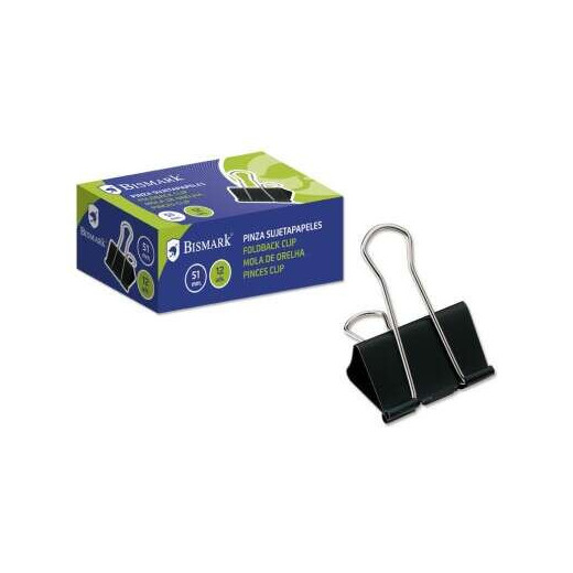 Bismark Pack de 12 Pinzas Sujetapapeles Metalicas de 51mm - Pala Abatible - Color Negro