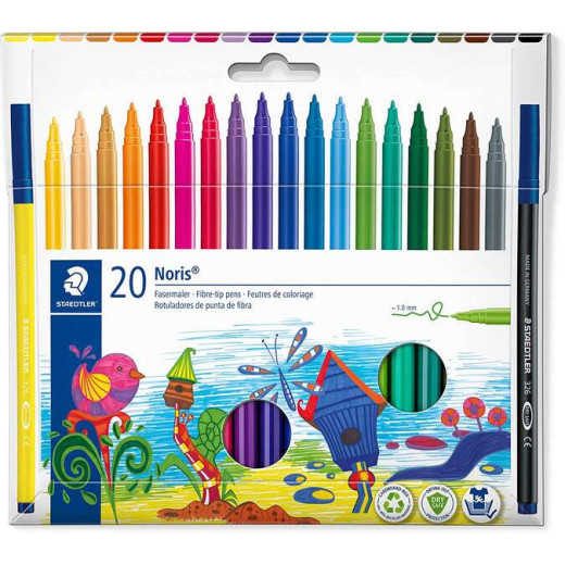 Staedtler 326 Pack de 20 Rotuladores Punta de Fibra - Trazo 1.0mm Aprox - Resistente a la Presion - Tinta a Base de Agua Antisecado - Colores Surtidos