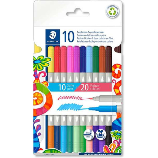 Staedtler Noris 3280 Pack de 10 Rotuladores con Doble Punta - Trazos 1mm y 3mm Aprox - Colores Surtidos