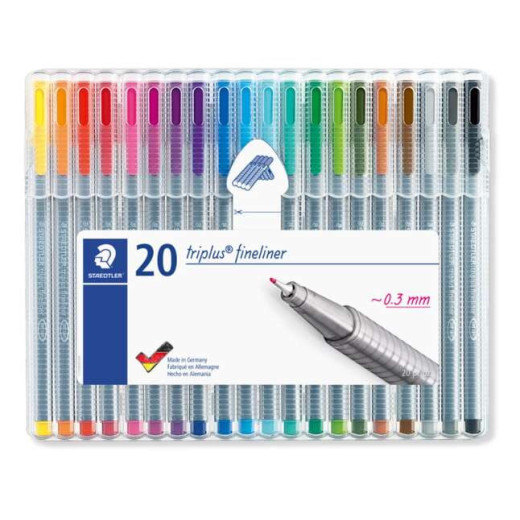 Staedtler Triplus Fineliner 334 Pack de 20 Rotuladores de Punta Fina - Trazo 0.3 mm Aprox - Tinta Base de Agua - Colores Surtidos