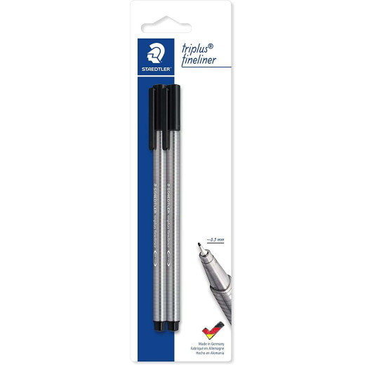 Staedtler Triplus Fineliner 334 Pack de 2 Rotuladores de Punta Fina - Trazo de 0.3mm Aprox - Diseño Ergonomico - Tinta Base de Agua - Color Negro