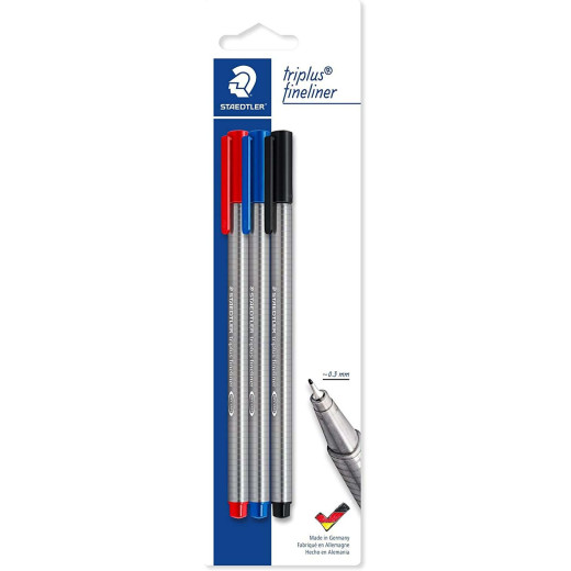 Staedtler Triplus Fineliner 334 Pack de 3 Rotuladores de Punta Fina - Trazo de 0.3mm Aprox - Diseño Ergonomico - Tinta Base de Agua - Colores Surtidos