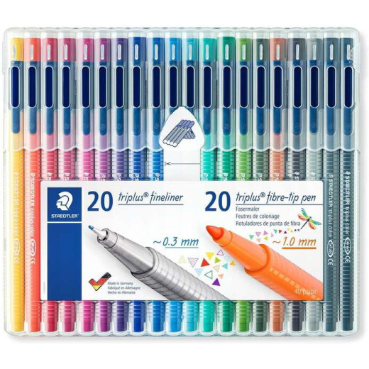 Staedtler Triplus Pack de 20 Rotuladores de Punta Fina 0.3mm + 20 Rotuladores de Punta Fibra 1mm - Capuchon con Clip - Colores Surtidos