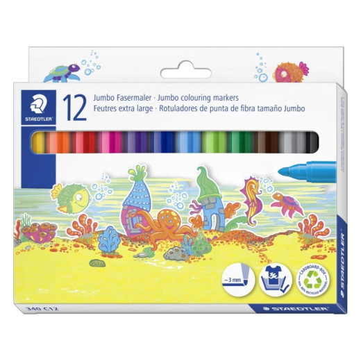 Staedtler Noris 340 Pack de 12 Rotuladores de Gran Tamaño - Trazo 3mm Aprox - Lavable Facilmente - Tinta Base de Agua - Colores Surtidos