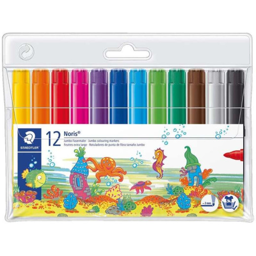 Staedtler Noris 340 Pack de 12 Rotuladores de Gran Tamaño - Trazo 3mm Aprox - Lavable Facilmente - Tinta Base de Agua - Colores Surtidos