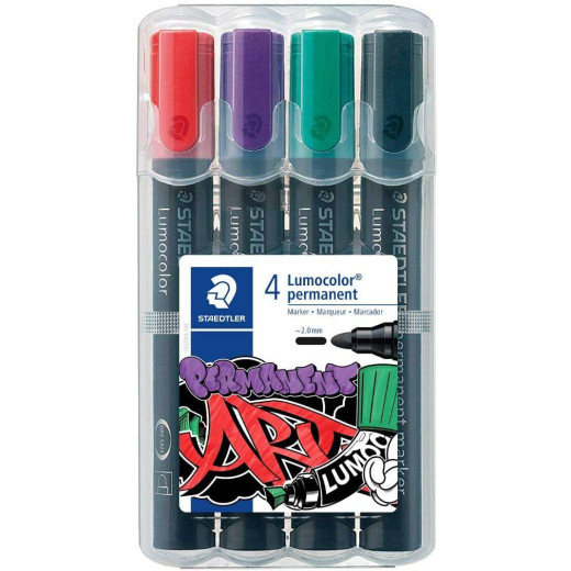 Staedtler Lumocolor 352 Pack de 4 Marcadores Permanentes - Secado Rapido - Practico Estuche de Sobremesa - Colores Rojo