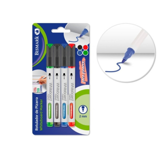 Bismark Pack de 4 Rotuladores para Pizarra Blanca - Punta Redonda 2mm - Colores Surtidos