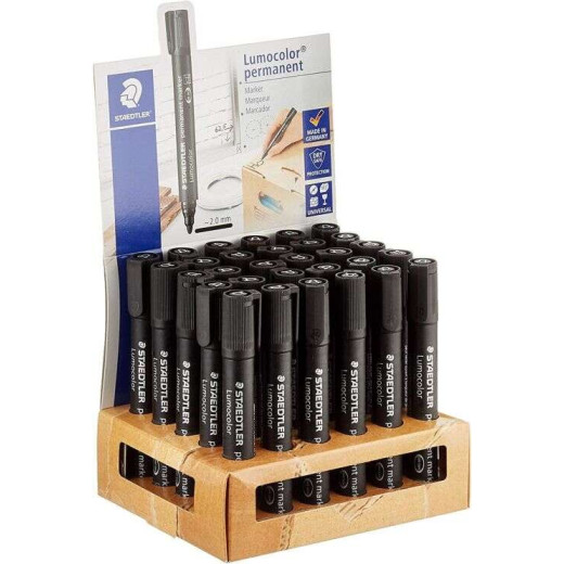 Staedtler Lumocolor 352 Expositor de 30 Rotuladores Permanentes - Punta Redonda - Trazo 2mm Aprox - Capuchon con Clip - Secado Rapido - Color Negro