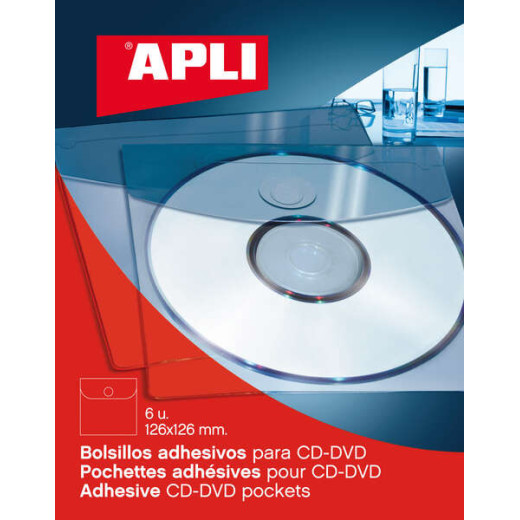 Apli Bolsillos Adhesivos para Cd/Dvd con Solapa de Cierre - Tamaño 126 x 126mm - Ideal para Presentaciones Impresas y Archivadores - Contiene 6 Bolsillos