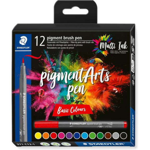 Staedtler 371 Pack de 12 Rotuladores Punta de Pincel Suave - Colores Vivos y Brillantes - No Amarillea con el Paso del Tiempo - Nueva Tinta Multi Ink - Pigmentos de Primera Calidad - Colores Surtidos