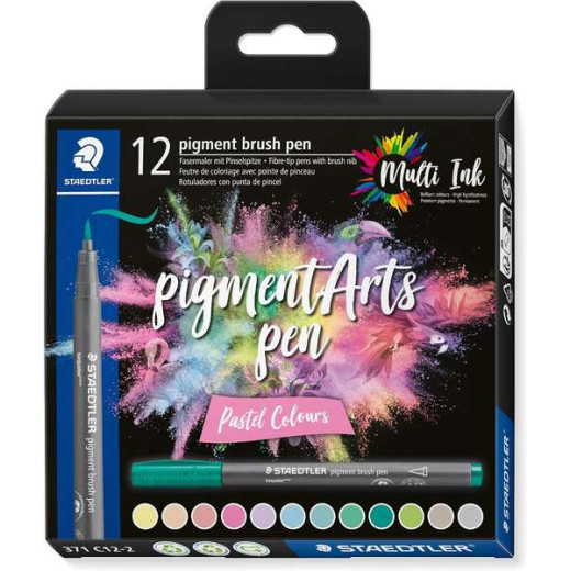 Staedtler 371 Pack de 12 Rotuladores Punta de Pincel Suave - Colores Vivos y Brillantes - No Amarillea con el Paso del Tiempo - Nueva Tinta Multi Ink - Pigmentos de Primera Calidad - Colores Pastel Surtidos