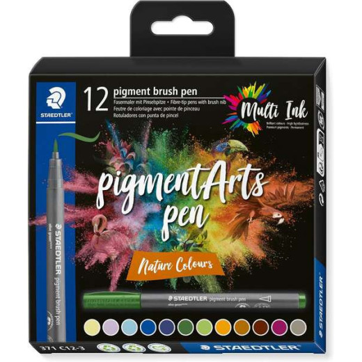 Staedtler 371 Pack de 12 Rotuladores Punta de Pincel Suave - Colores Vivos y Brillantes - No Amarillea con el Paso del Tiempo - Nueva Tinta Multi Ink - Pigmentos de Primera Calidad - Colores Nature Surtidos