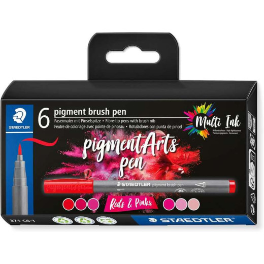 Staedtler 371 Pack de 6 Rotuladores Punta de Pincel Suave - Colores Vivos y Brillantes - No Amarillea con el Paso del Tiempo - Nueva Tinta Multi Ink - Pigmentos de Primera Calidad - Colores Rojos/Rosas Surtidos