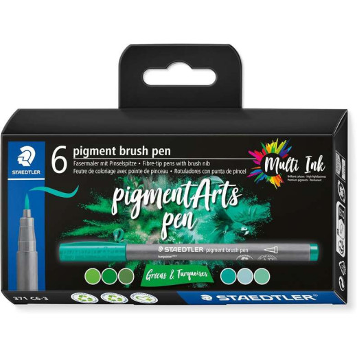 Staedtler 371 Pack de 6 Rotuladores Punta de Pincel Suave - Colores Vivos y Brillantes - No Amarillea con el Paso del Tiempo - Nueva Tinta Multi Ink - Pigmentos de Primera Calidad - Colores Verdes/Turquesas Surtidos