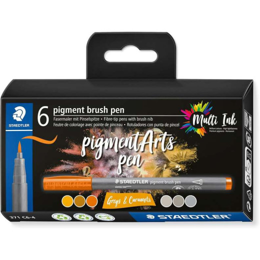 Staedtler 371 Pack de 6 Rotuladores Punta de Pincel Suave - Colores Vivos y Brillantes - No Amarillea con el Paso del Tiempo - Nueva Tinta Multi Ink - Pigmentos de Primera Calidad - Colores Grises/Caramelo Surtidos
