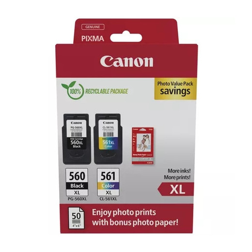 Canon PG560XL Negro + CL561XL Color Pack de 2 Cartuchos de Tinta Originales - 50 Hojas de Papel Fotografico - 3712C008/3712C004