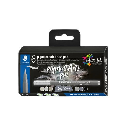 Staedtler 372 Pack de 6 Rotuladores Punta de Pincel Suave - Colores Vivos y Brillantes - No Amarillea con el Paso del Tiempo - Nueva Tinta Multi Ink - Pigmentos de Primera Calidad - Colores Grises Surtidos