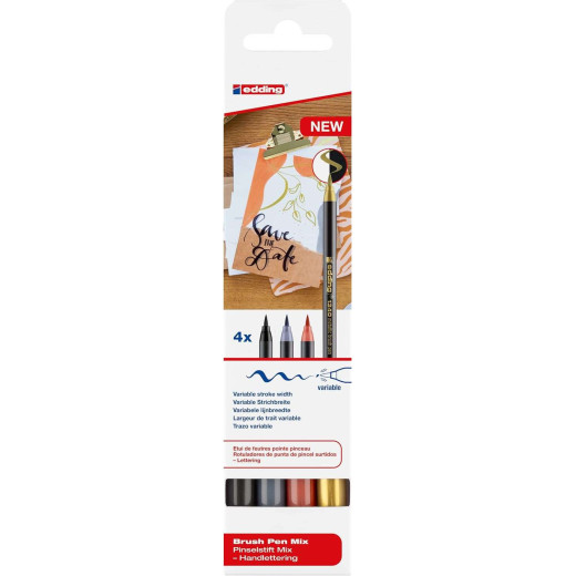 Edding 1340 Brush Pack de 4 Rotuladores - Punta Pincel Flexible - Trazo 1-3mm - Tinta con Base de Agua - Colores Oro