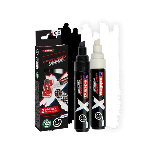 Edding X 6900 Pack de 2 Rotuladores Multisuperficie Permanentes de Tinta Opaca - Punta Biselada con Trazo 2-10mm - Color Blanco y Negro