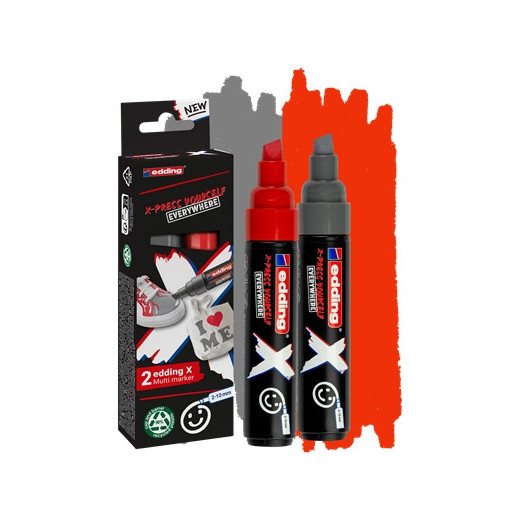 Edding X 6900 Pack de 2 Rotuladores Multisuperficie Permanentes de Tinta Opaca - Punta Biselada con Trazo 2-10mm - Color Gris y Rojo