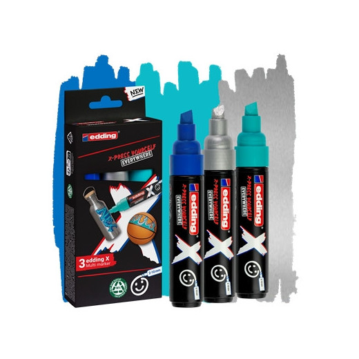 Edding X 6900 Oceano Pack de 3 Rotuladores Multisuperficie Permanentes de Tinta Opaca - Punta Biselada con Trazo 2-10mm - Color Azul