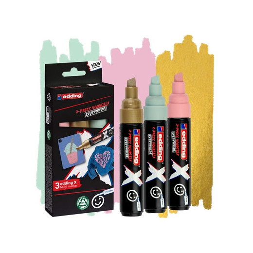 Edding X 6900 Pastel Pack de 3 Rotuladores Multisuperficie Permanentes de Tinta Opaca - Punta Biselada con Trazo 2-10mm - Color Oro