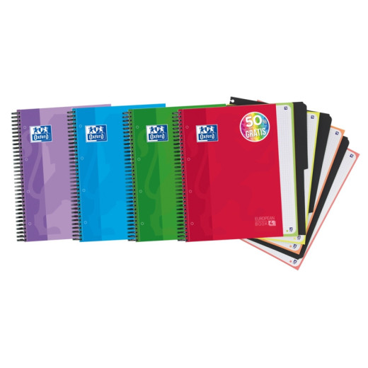 Oxford School Classic Europeanbook 4 Cuaderno Doble Espiral A4+ Cuadricula 5x5 - 120 Hojas Microperforadas 4 Taladros - Tapa Extradura Resistente - Incluye 3 Separadores - Colores Surtidos
