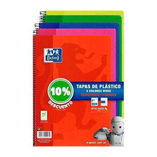 Oxford Classic Pack de 5 Cuadernos Espiral Formato Folio Cuadriculado 4x4mm - 80 Hojas - Tapa de Plastico - Colores Vivos Surtidos
