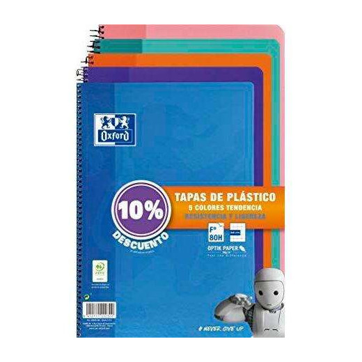 Oxford Classic Pack de 5 Cuadernos Espiral Formato Folio Cuadriculado 4x4mm - 80 Hojas - Tapa de Plastico - Colores Tendencia Surtidos