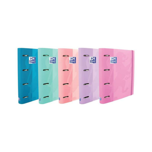 Oxford Europeanbinder Touch Carpeta de 4 Anillas Formato A4+ con Recambio Cuadriculado 5x5mm y 4 Taladros - Tapa Tacto Suave - Cierre con Goma Elastica - Colores Surtidos Pastel