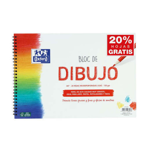 Oxford Bloc de Dibujo Escolar Espiral Formato A4+ Liso - 20 Hojas Microperforadas 130gr Color natural - Papel de Superfície Rugosa