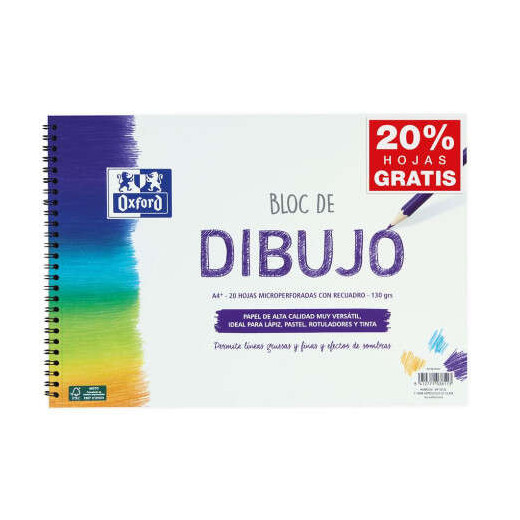 Oxford Bloc de Dibujo Escolar Espiral Formato A4+ con Reacuadro - 20 Hojas Microperforadas 130gr Color natural - Papel de Superfície Rugosa