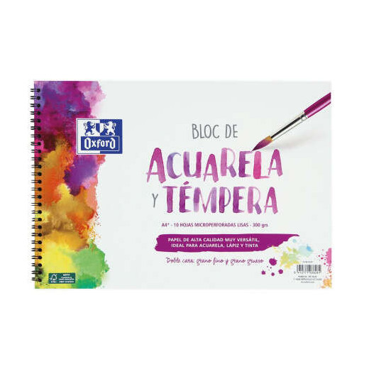 Oxford Bloc de Acuarela y Tempera Escolar Espiral Formato A4+ Liso - 10 Hojas Microperforadas 300gr Color natural - Papel de Doble Cara: Grano Grueso y Grano Fino