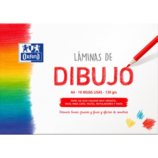 Oxford Dibujo Escolar Sobre de Laminas de Dibujo A4 - 10 Hojas de 130gr - Papel Liso de Alta Calidad - Ideal para Estudiantes y Artistas