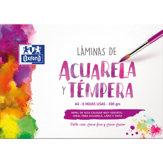 Oxford Pintura Escolar Sobre de Laminas de Acuarela y Tempera A4 - 6 Hojas de 300gr - Ideal para Proyectos Escolares - Superficie Lisa para un Acabado Profesional