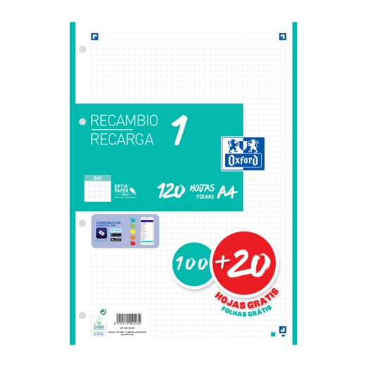 Oxford School Recambio A4 120 Hojas Cuadricula 5x5mm - 4 Taladros - Banda de Color Ice Mint