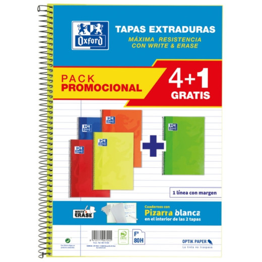 Oxford School Classic Write&Erase Pack 4+1 Fº - Cuaderno Espiral - Tapa Extradura - 1 Linea con Margen - 80 Hojas - Colores Surtidos