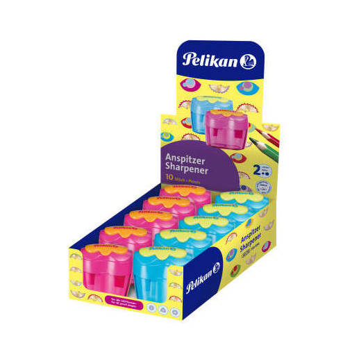 Pelikan Flower Expositor de 10 Sacapuntas 2 Orificios con Tapa - Deposito para Residuos - Cuchillas de Acero Inoxidable - Colores Azul y Rosa
